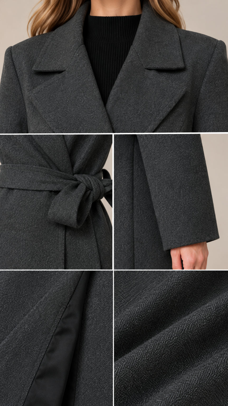 Close-up details of the collar, waist tie belt, cuff, inner lining, and textured woven fabric