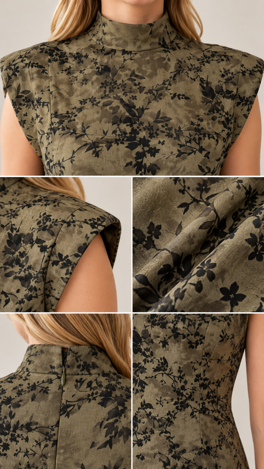Close-up detail collage showing neckline, shoulder cap, textured fabric, and back zip closure