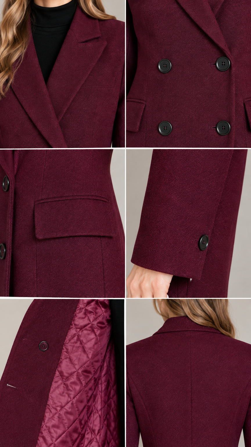 Close-up details of lapel, double buttons, pocket flap, and quilted lining on burgundy coat