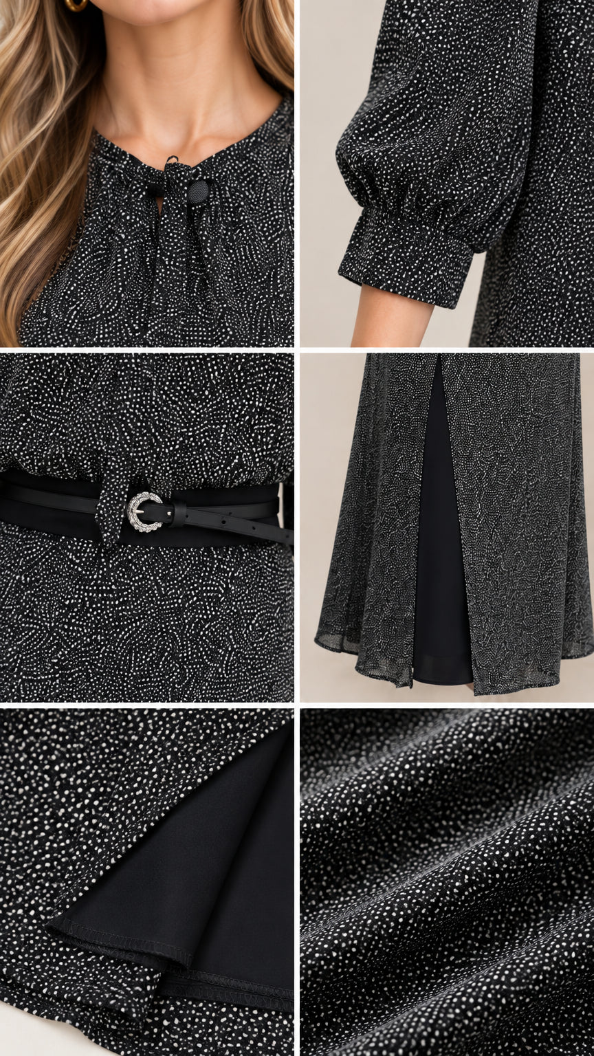 Close-up details of neckline tie, sleeve cuff, belt buckle, and fabric texture