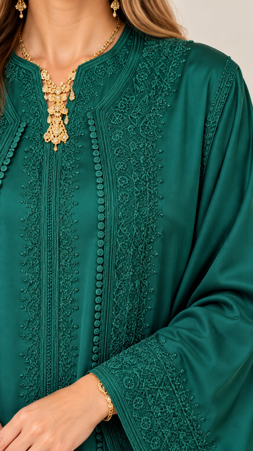 Close-up detail of neckline embroidery and bell sleeve trim on caftan dress