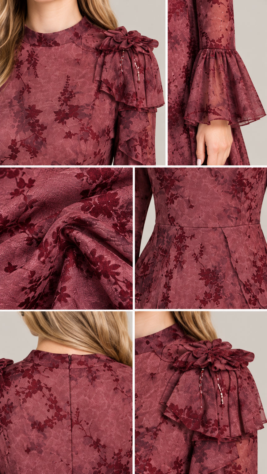 Close-up details of burgundy jacquard gown showing shoulder flower, cuff, and fabric