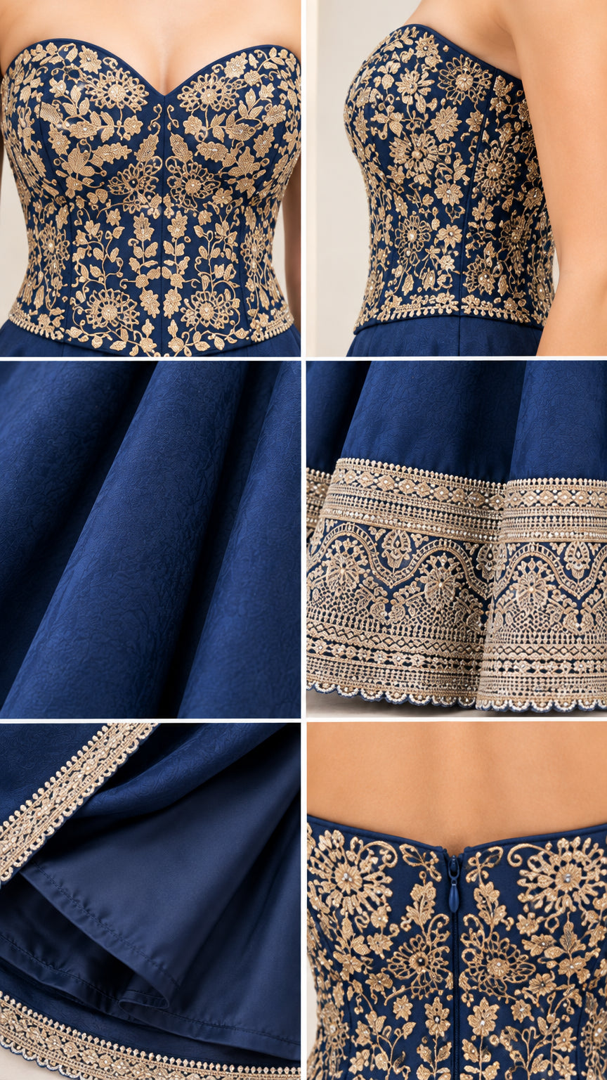 Close-up details of metallic embroidery, sweetheart neckline, fabric texture, and hem border