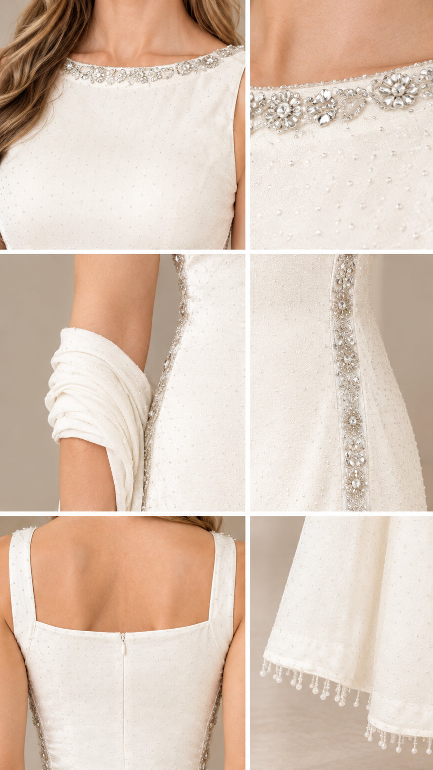 Close-up details of beaded neckline, matching shawl, side trim, and back zipper on ivory gown