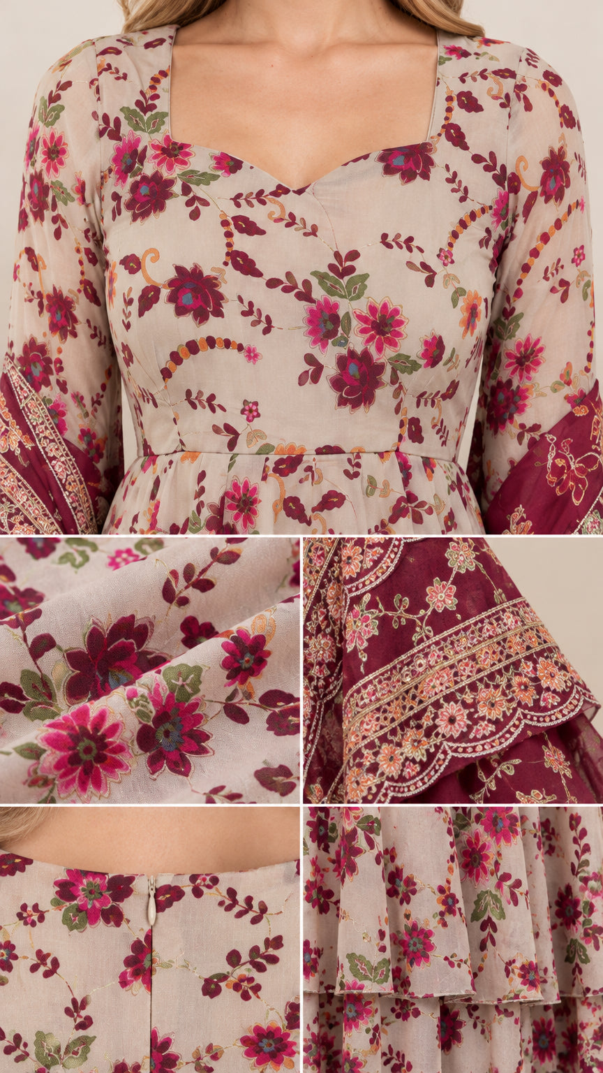Close-up details of sweetheart neckline, floral pattern fabric, and neat back zipper