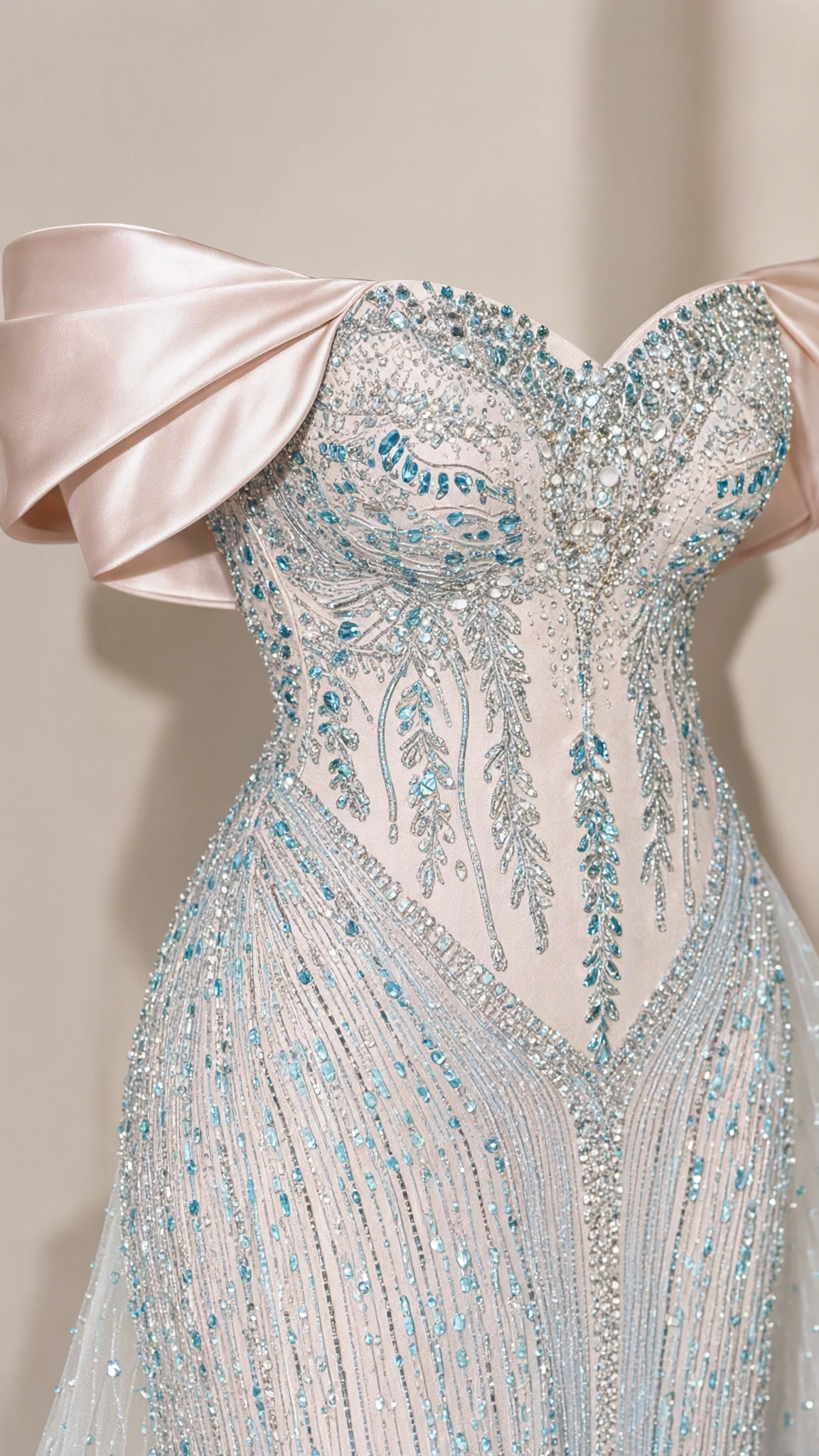 Close-up detail of intricate crystal beadwork and sweetheart neckline