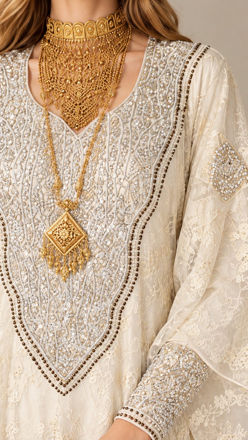 Close-up detail of ornate gold-tone beaded and sequined neckline bib on ivory kaftan
