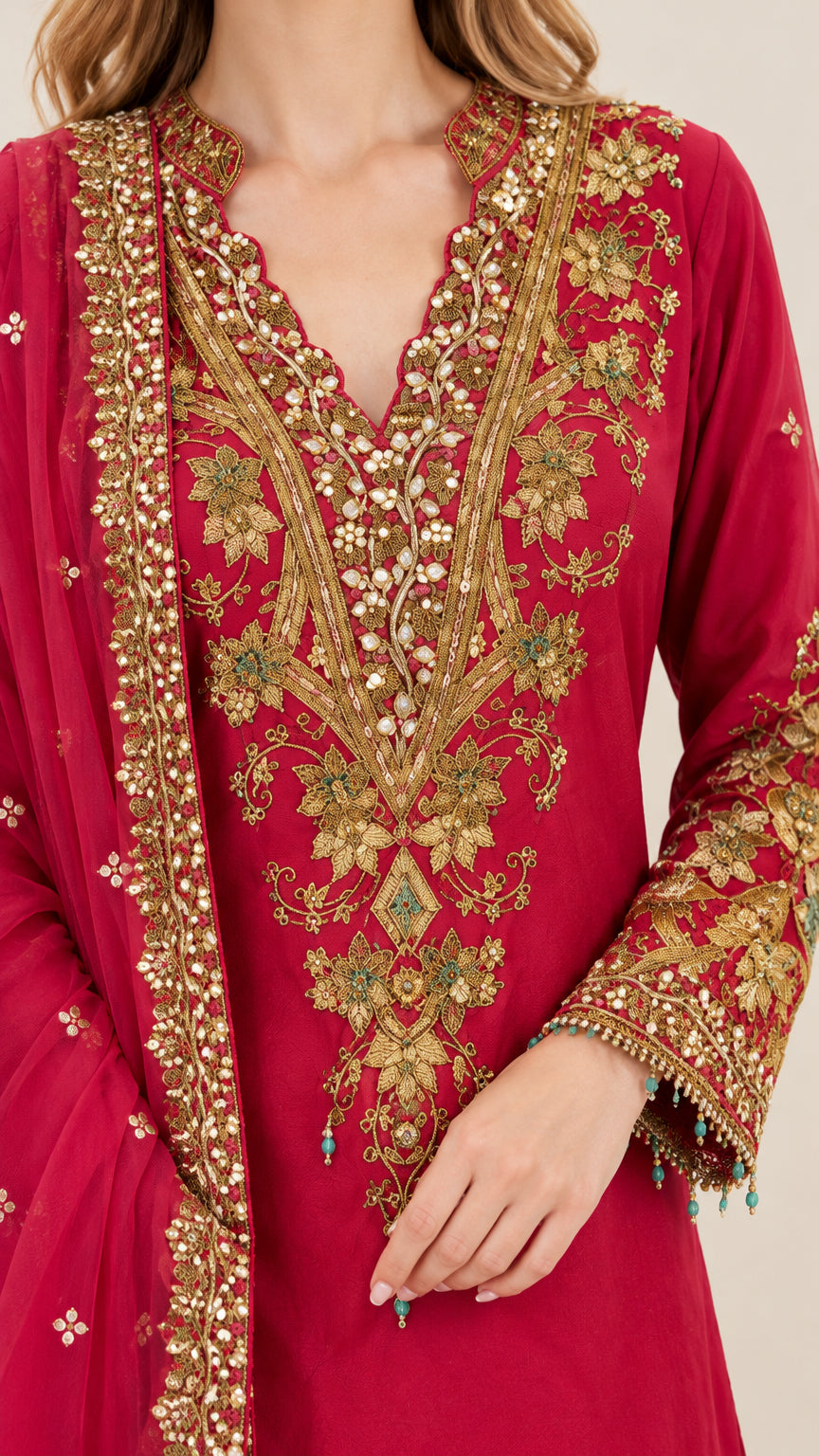 Close-up detail of ornate gold floral embroidery and beadwork on the raspberry pink tunic neckline