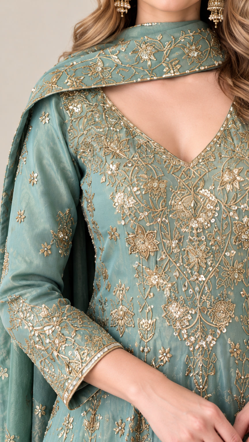 Close-up detail of metallic floral embroidery and V-neck bodice on sage green dress