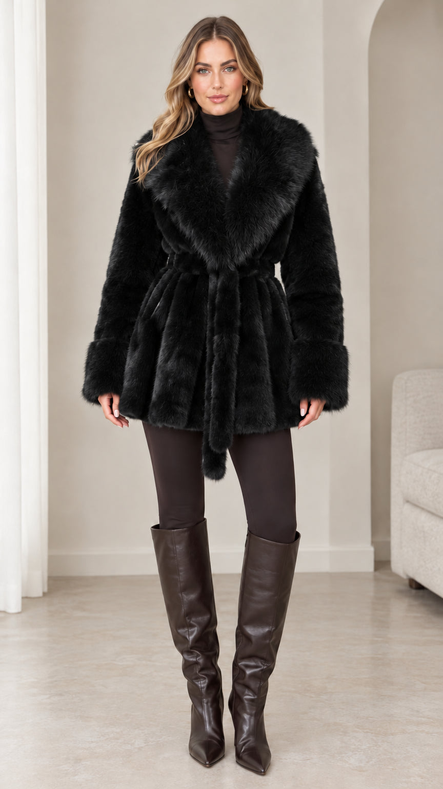 Front view of model wearing black plush faux fur belted wrap coat
