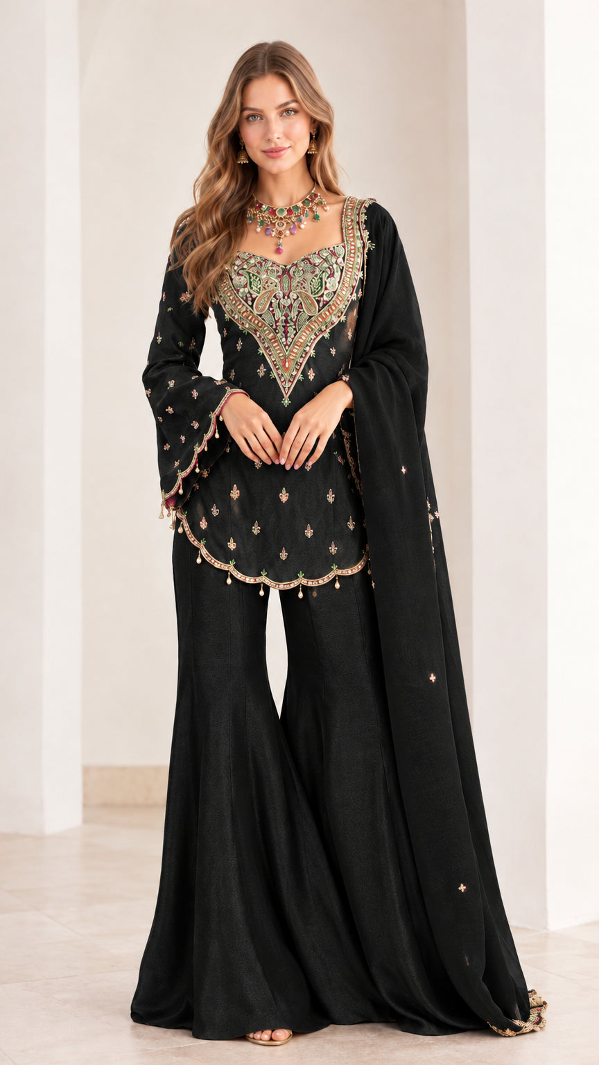 Black embroidered 3-piece sharara suit set with matching flared pants and dupatta
