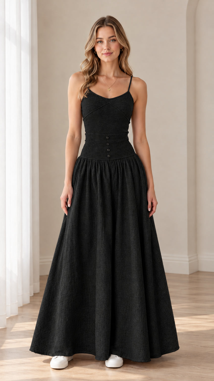 Women's black ribbed knit drop waist cami maxi dress
