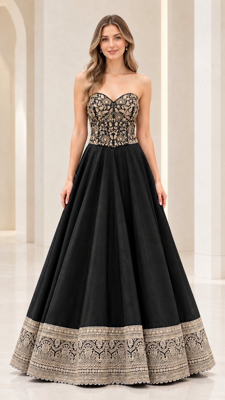 Black strapless embroidered A-line formal evening gown