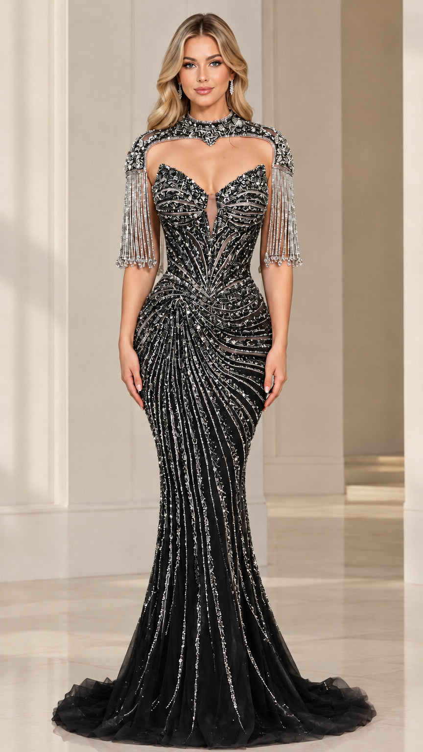 Front view of black beaded illusion high neck mermaid evening gown