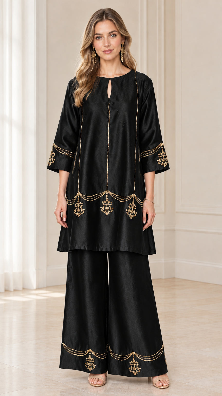 Model wearing black embroidered two-piece tunic top and wide-leg pants set