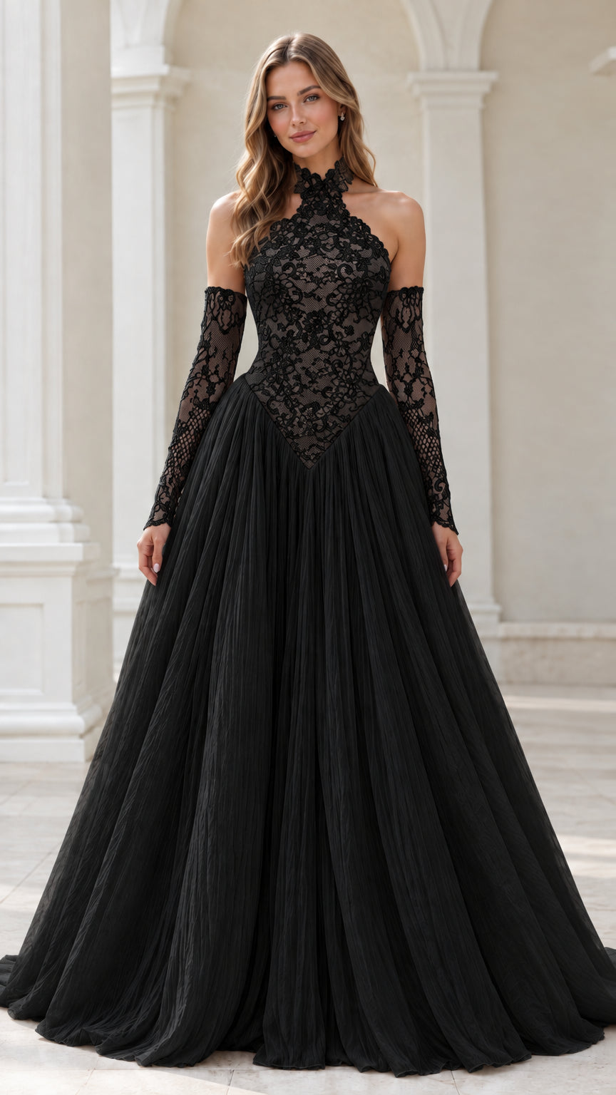 Black lace halter basque waist evening dress with matching lace sleeves
