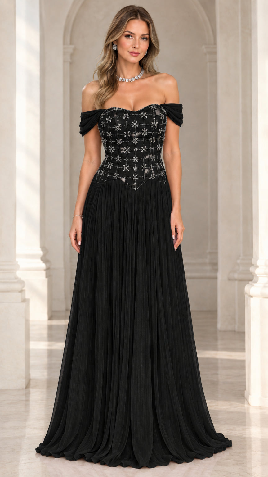 Black off-the-shoulder beaded bodice pleated formal evening gown