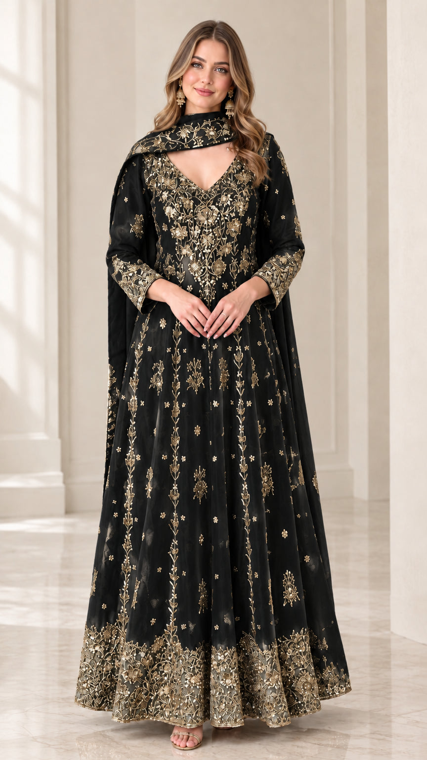 Front view of woman wearing black embroidered Anarkali evening gown with dupatta