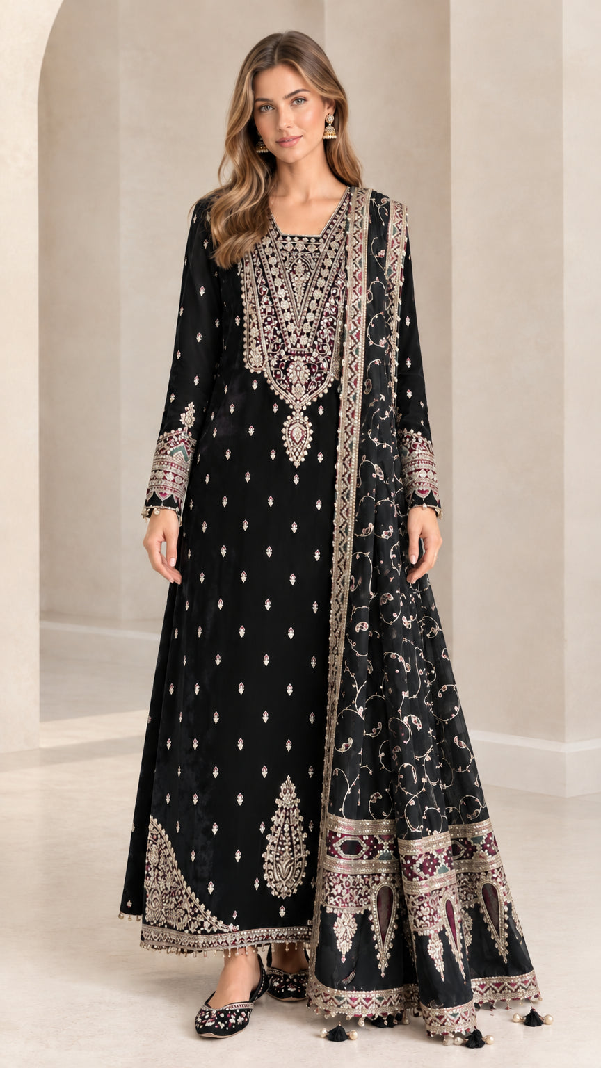 Black embroidered Anarkali maxi dress with matching draped dupatta