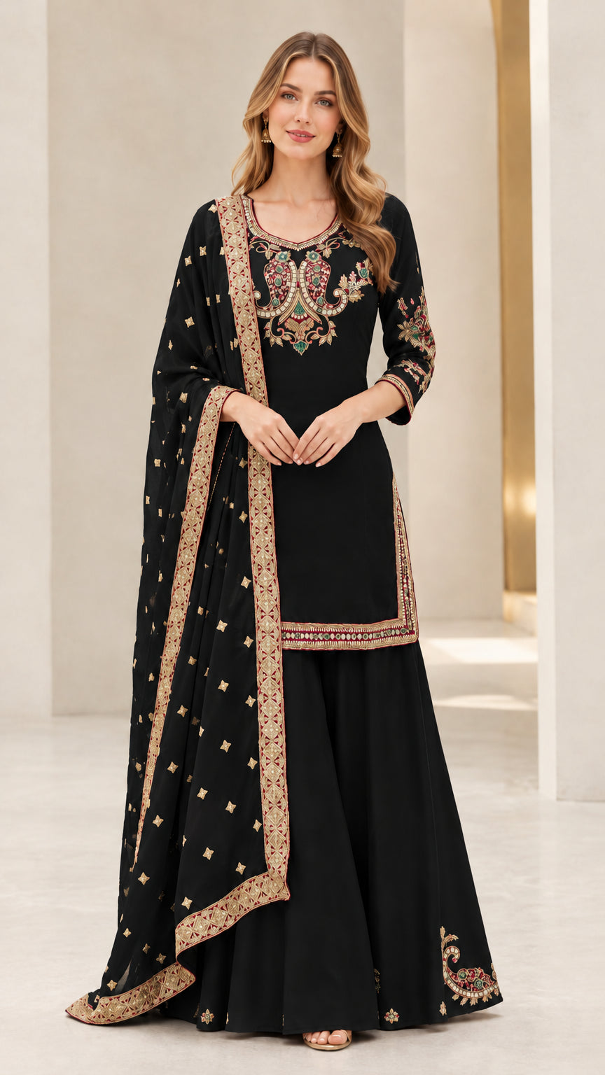 Front view of black embroidered sharara suit set with dupatta