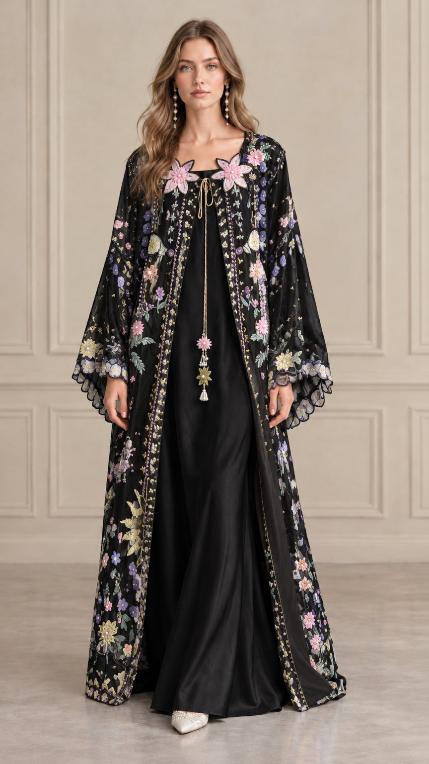 Black floral embroidered open robe over matching satin maxi slip dress