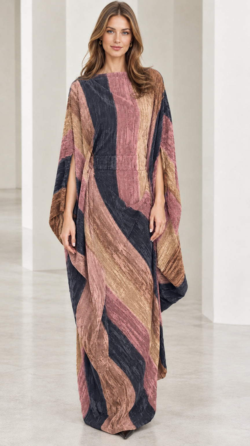 Front full-length view of mauve multi striped cape sleeve kaftan dress