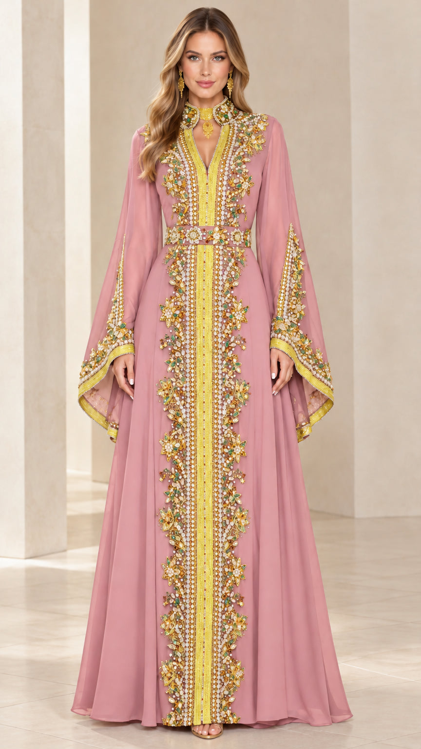 Dusty pink embroidered bell sleeve caftan maxi evening dress