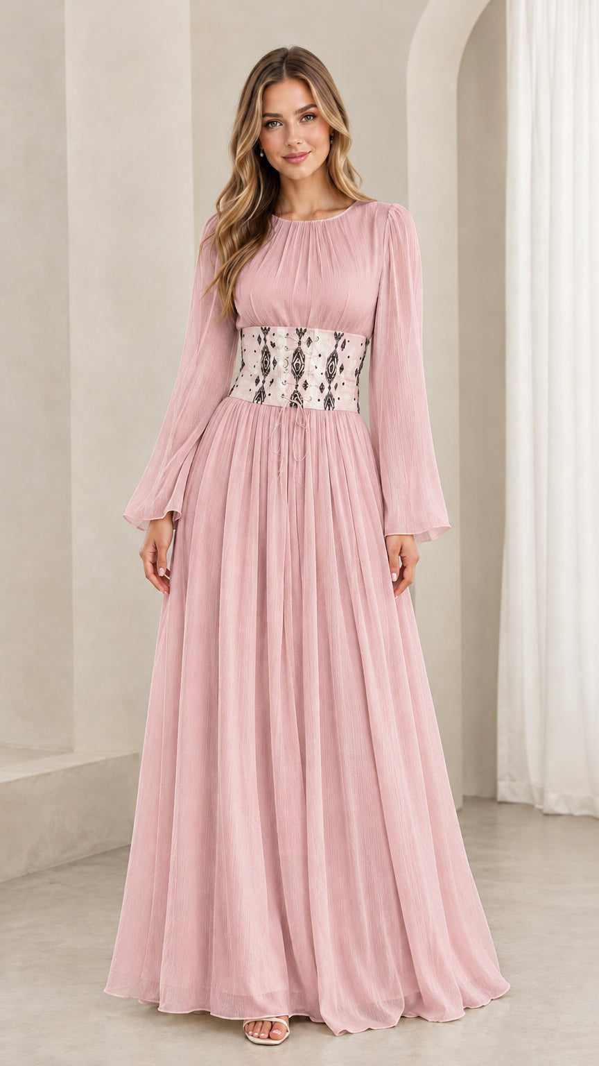 Blush pink long sleeve chiffon maxi gown with embroidered cinched waistband