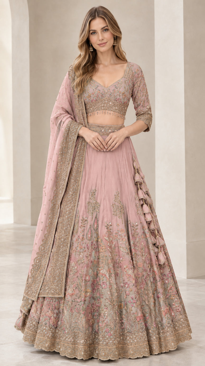 Dusty pink embroidered lehenga choli set with scalloped hemline