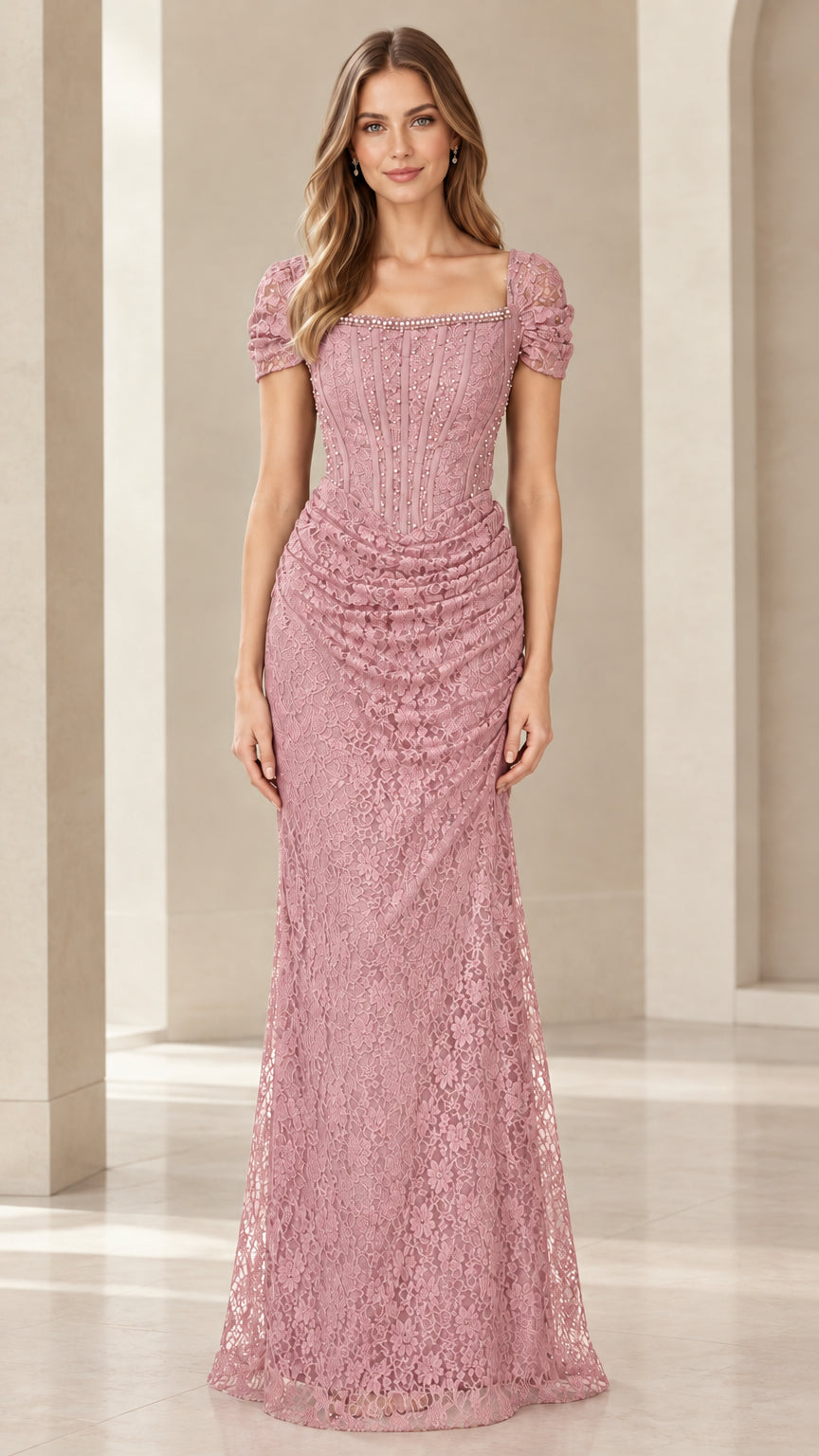 Dusty Rose pink lace formal maxi dress with corset bodice