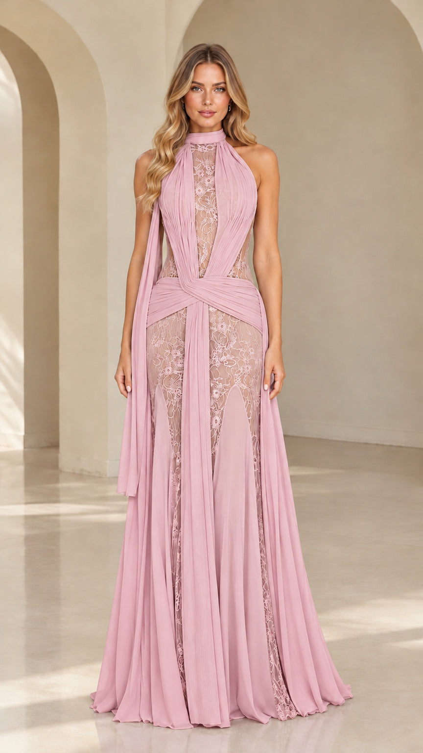 Full-length view of dusty pink halter lace pleated maxi formal dress