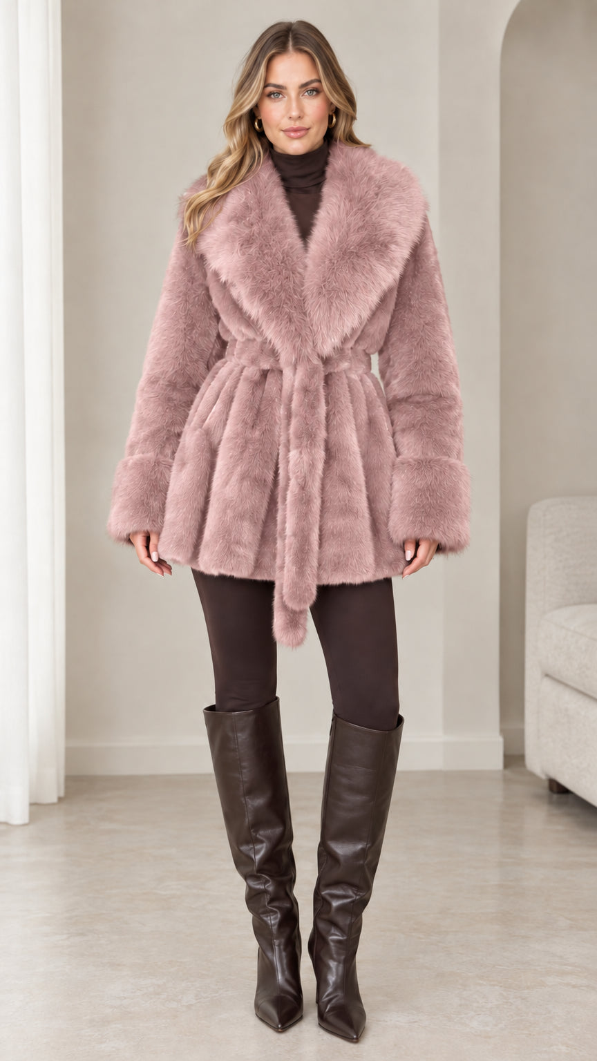 Front view of model wearing blush pink plush faux fur belted coat