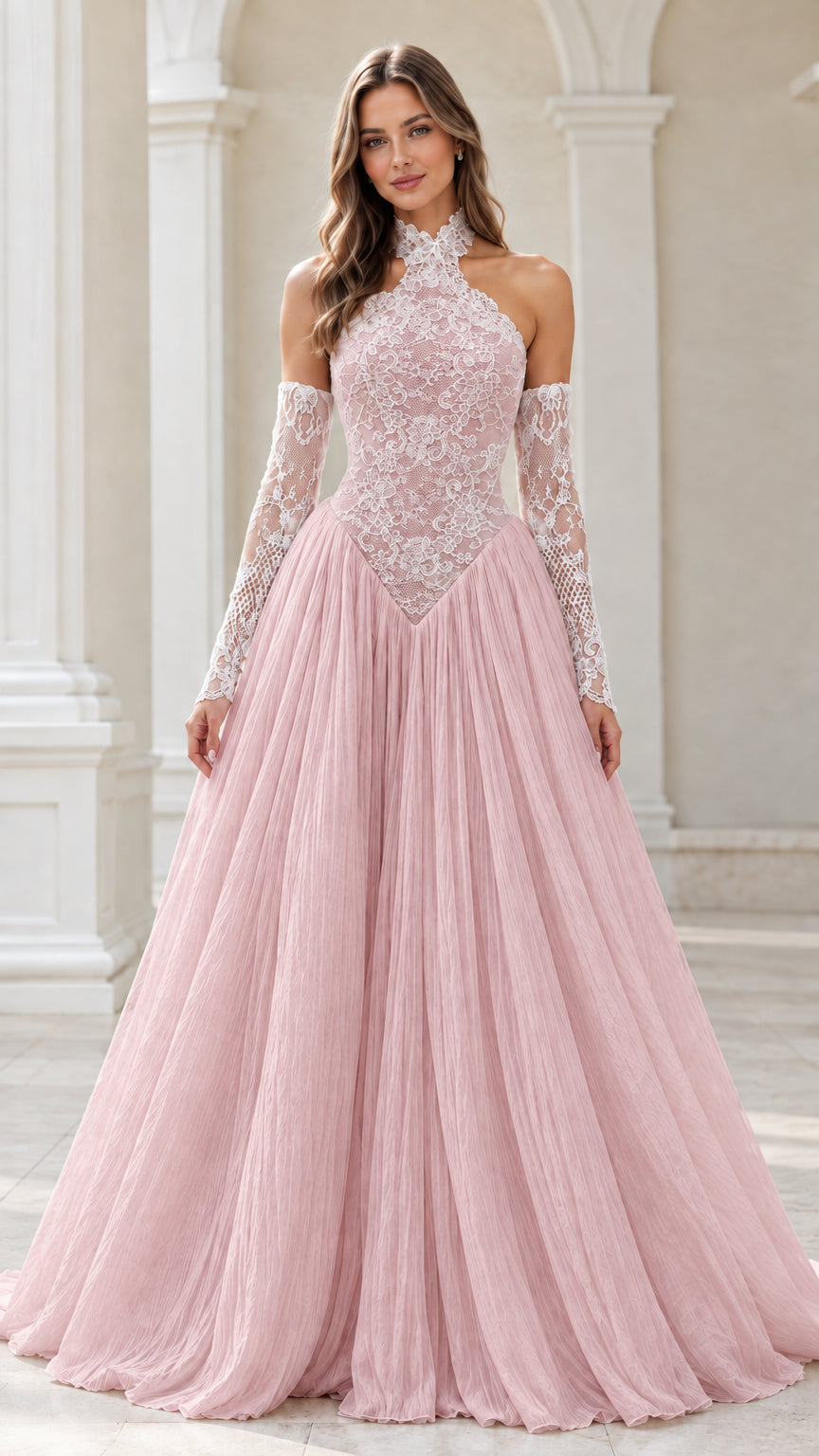 Dusty pink halter floral lace formal gown with matching lace sleeves