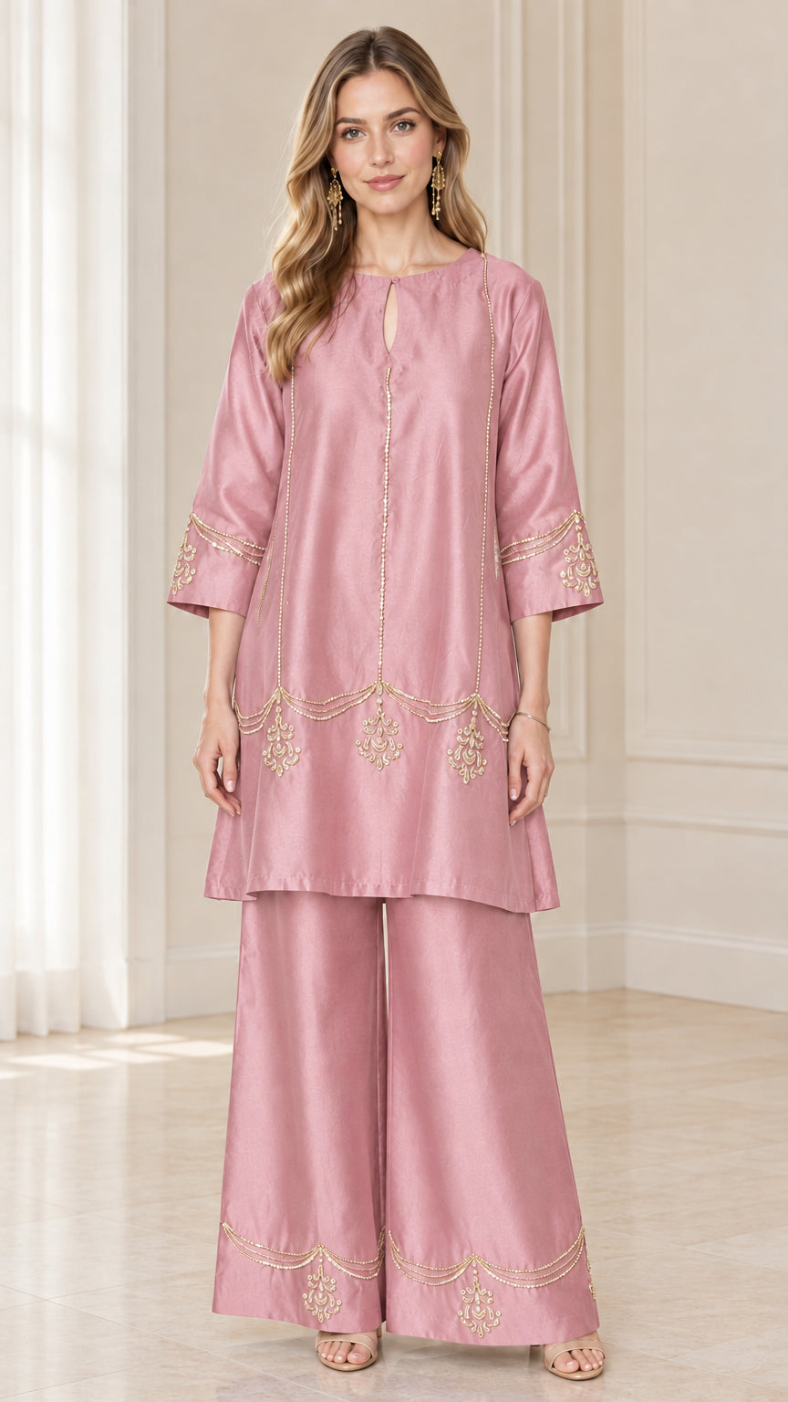 Model wearing blush pink embroidered two-piece tunic top and wide-leg pants set