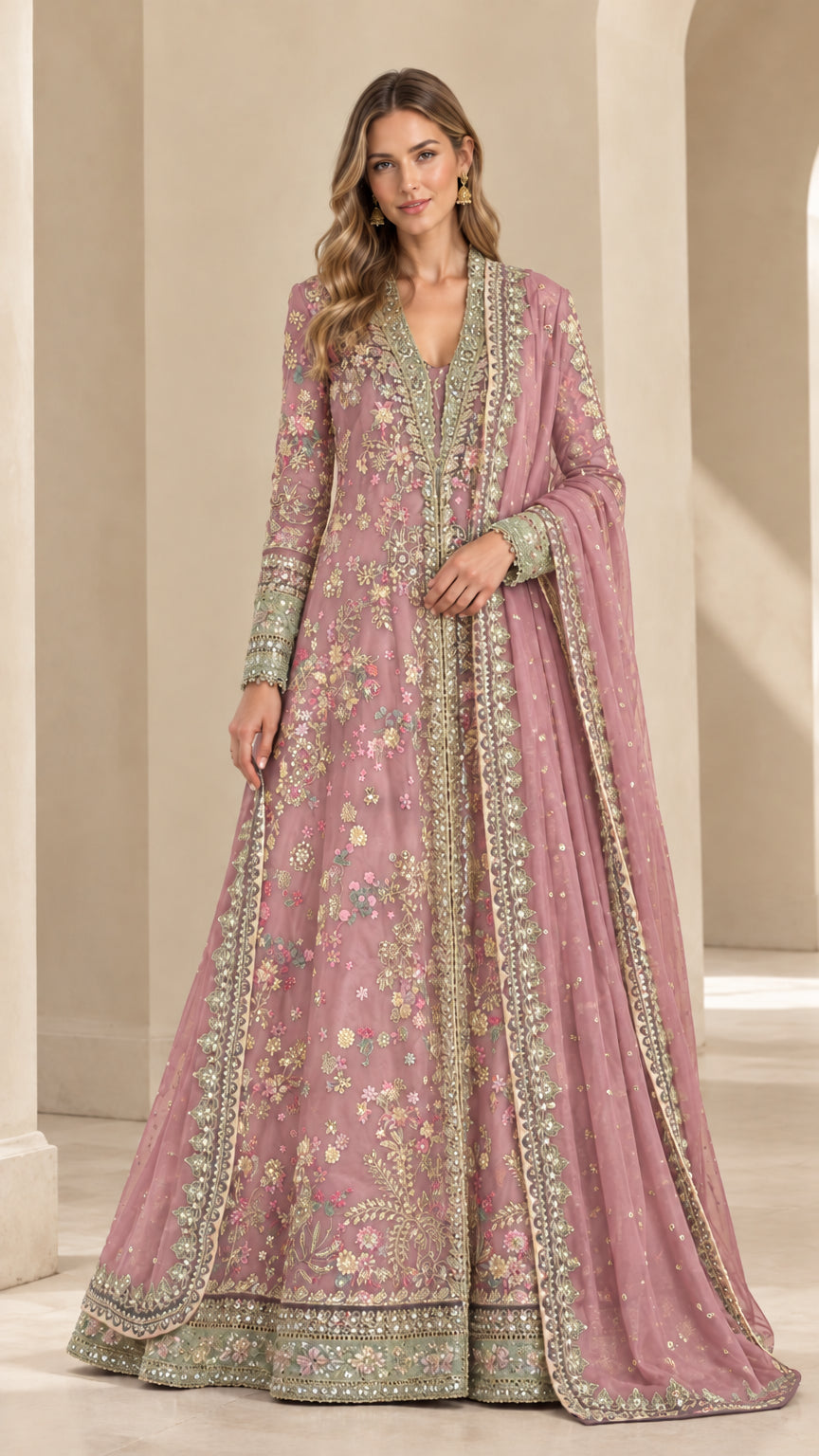 Front view of dusty pink embroidered evening gown with matching dupatta