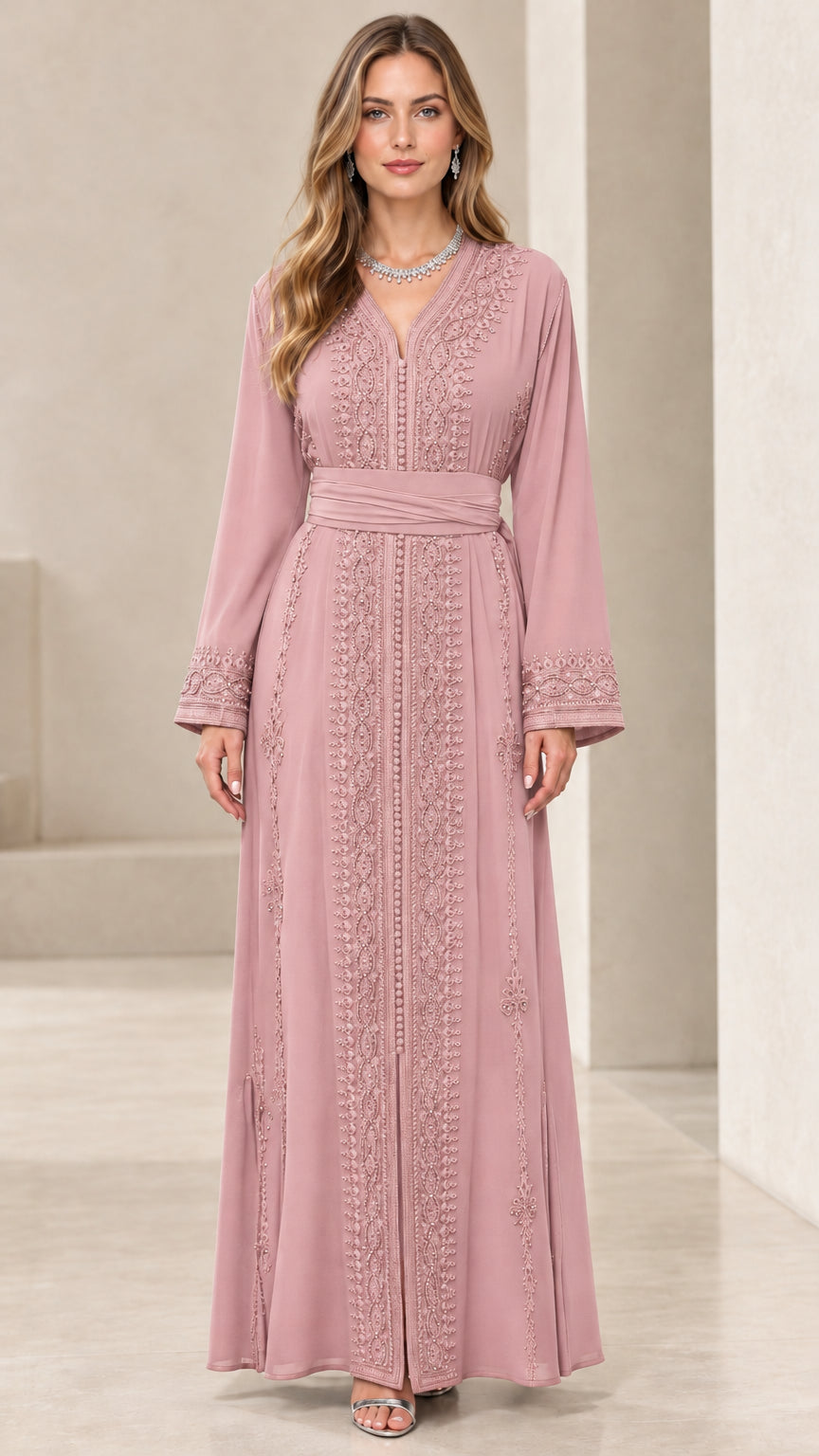 Full front view of dusty pink long sleeve embroidered kaftan dress