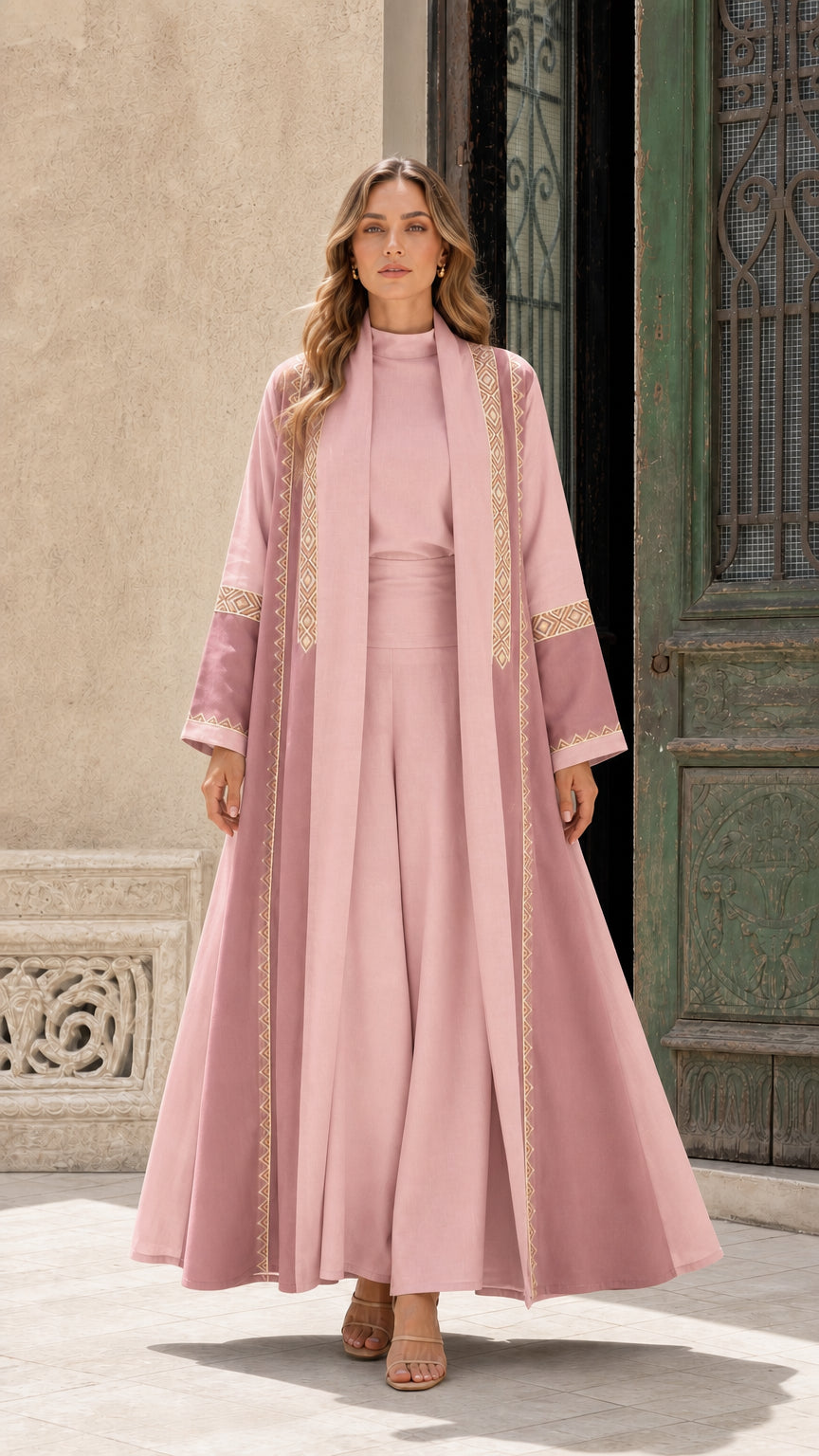 Full view of pink 3-piece embroidered abaya set
