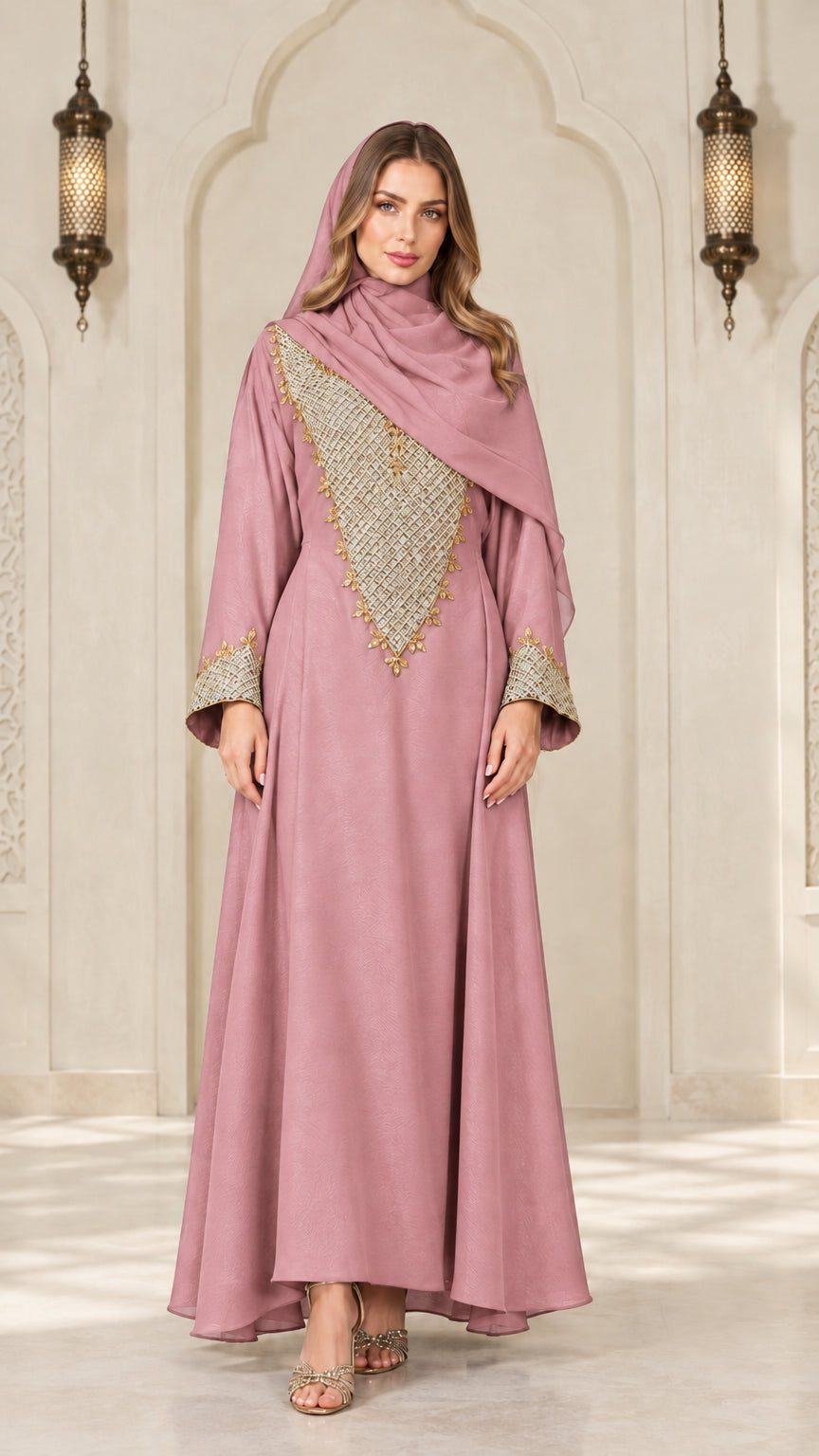 Dusty pink long sleeve modest abaya dress with gold embroidered chest panel