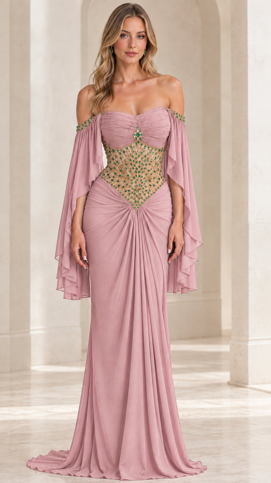 Dusty pink floor-length formal gown with beaded sheer corset waist and draped cape sleeves
