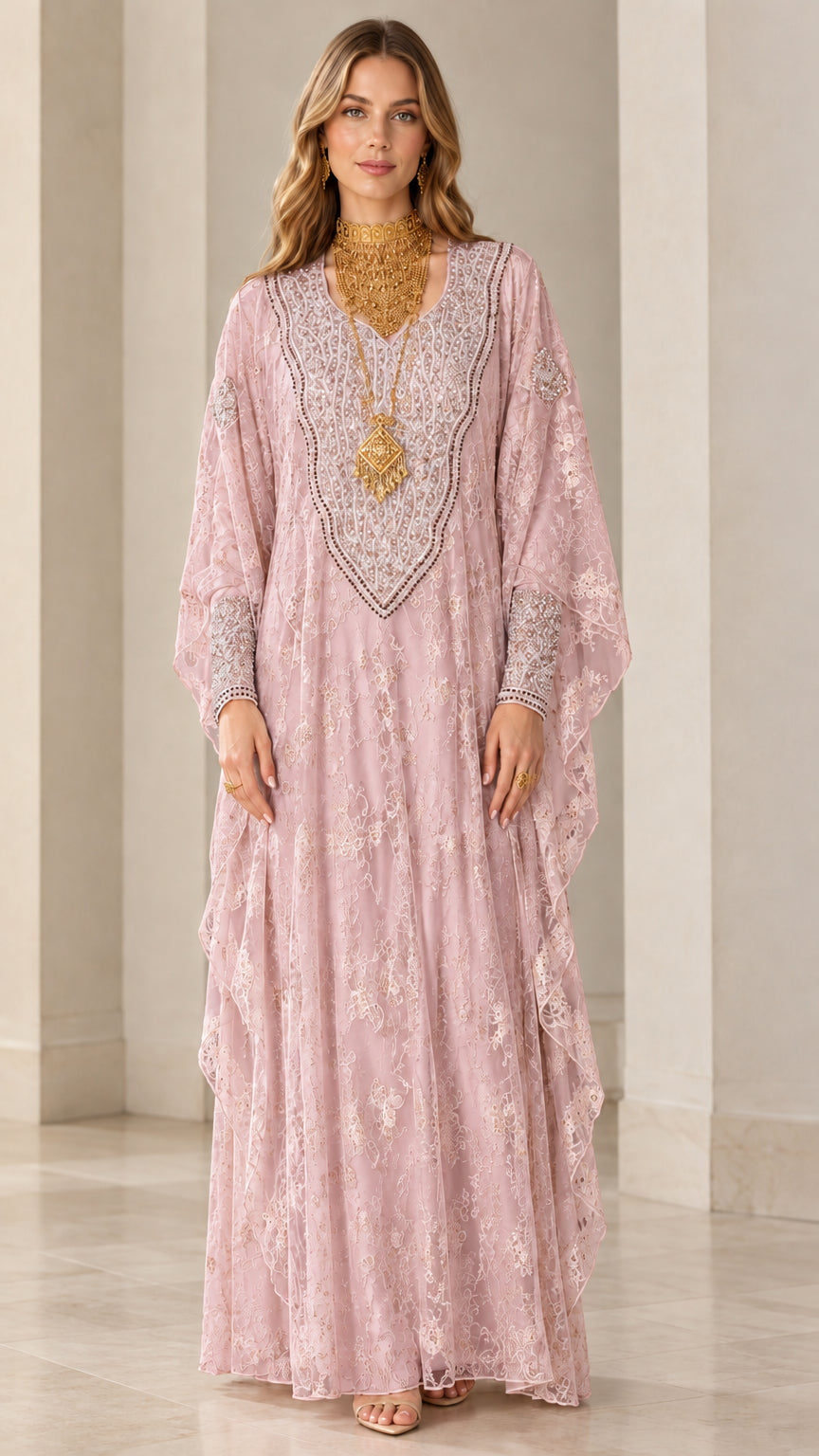 Full front view of women's blush pink embroidered lace kaftan maxi dress