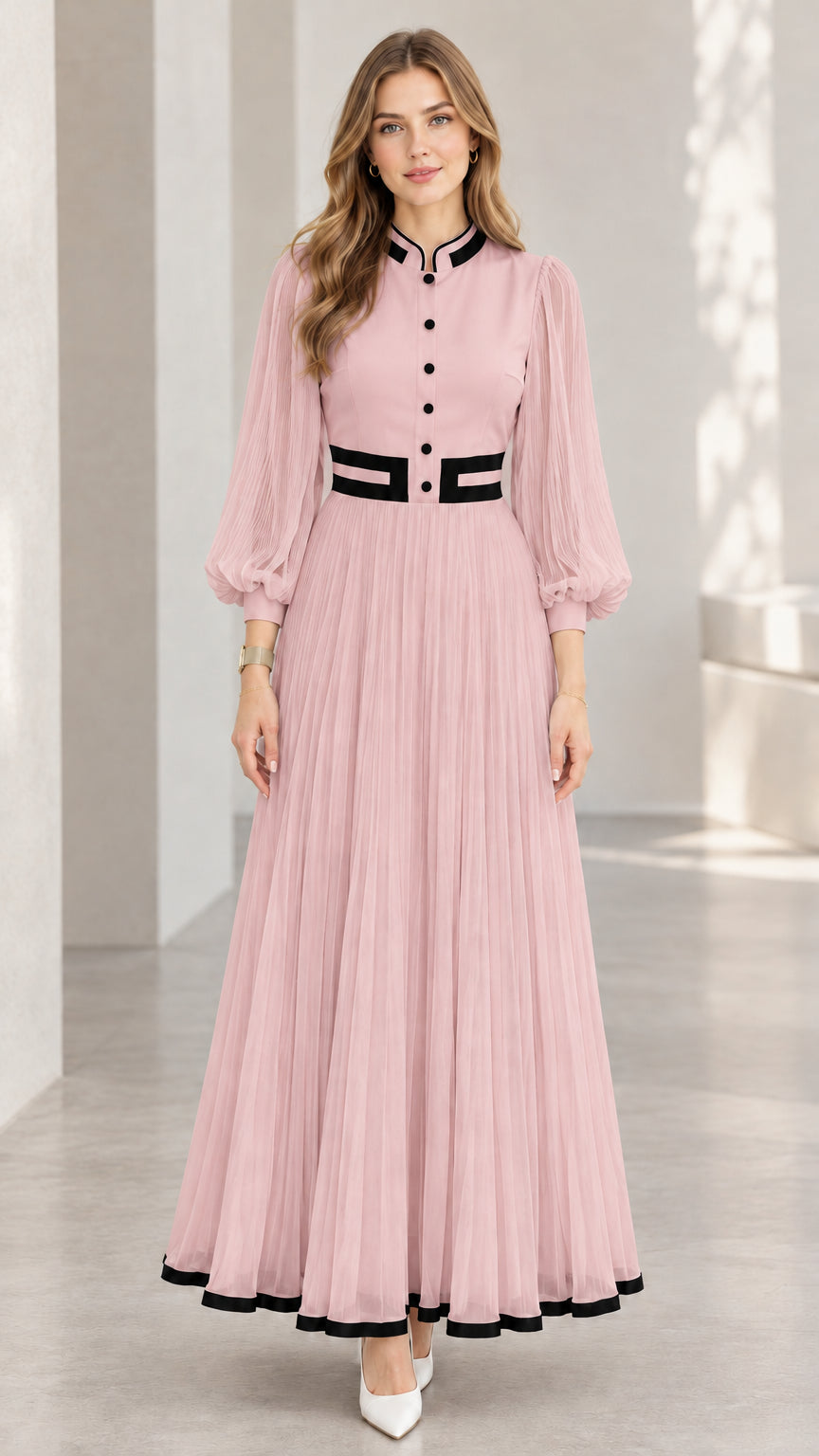 Dusty pink pleated long sleeve maxi dress with black ribbon trim