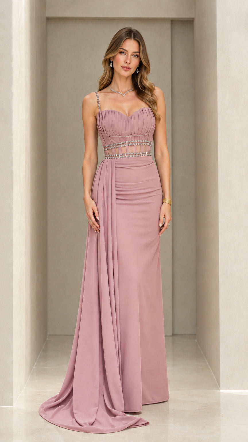 Front view of dusty rose sweetheart evening gown with cascading side drape
