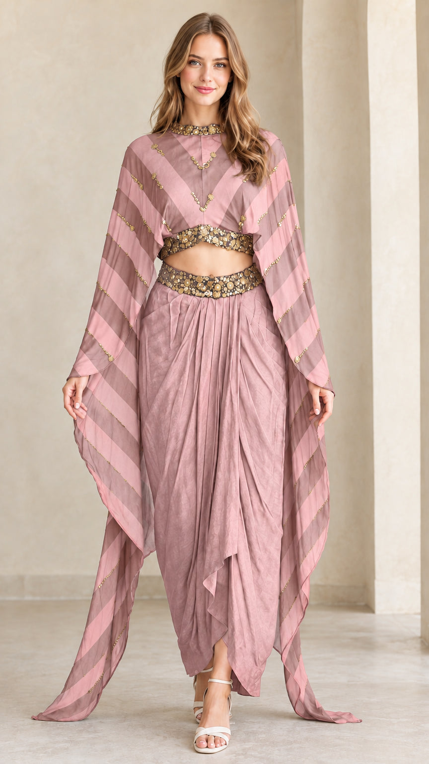 Model wearing Dusty Pink striped cape top and draped dhoti pant set