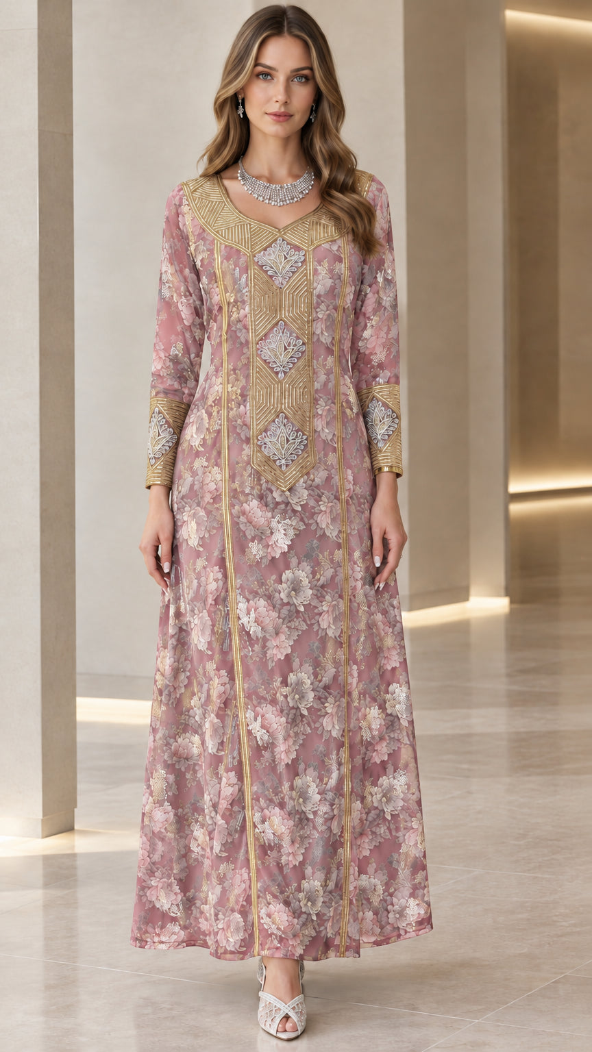 Front view of dusty pink floral long sleeve maxi dress with gold embroidery