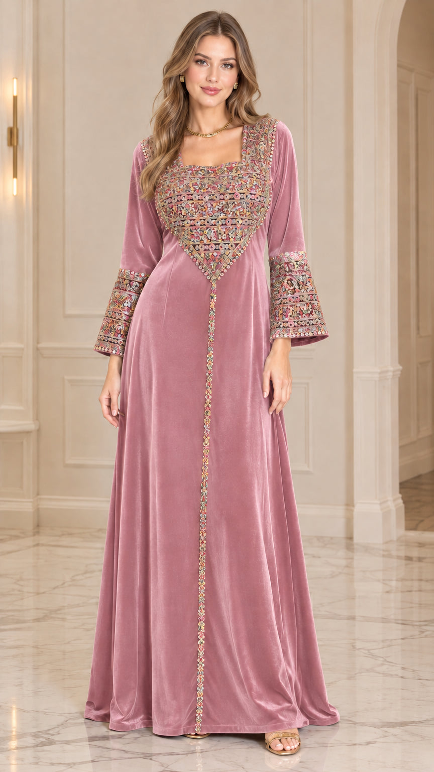 Dusty Rose embroidered velvet long sleeve maxi dress front view