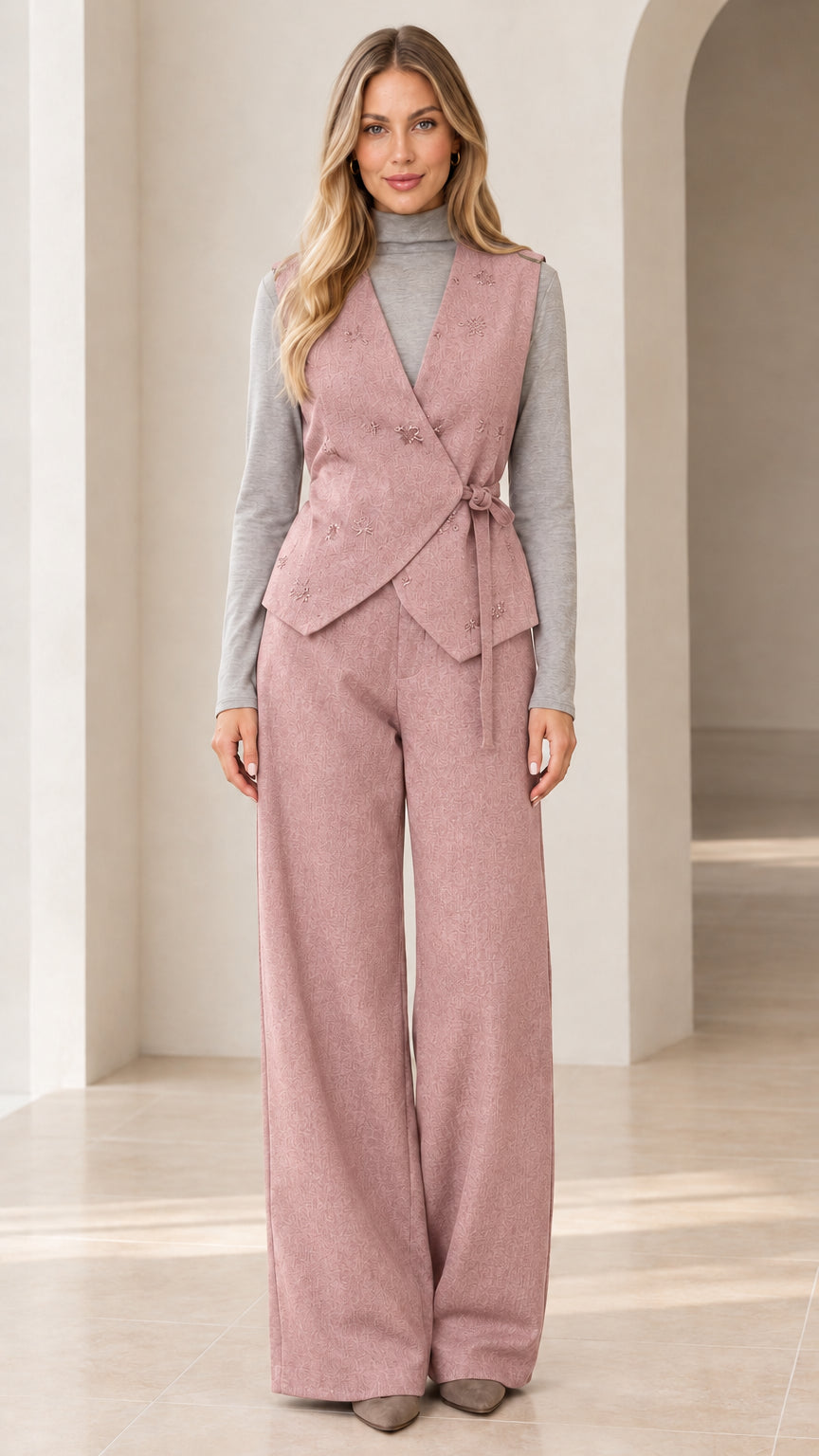 Woman wearing dusty rose wrap tie vest and matching wide-leg trousers