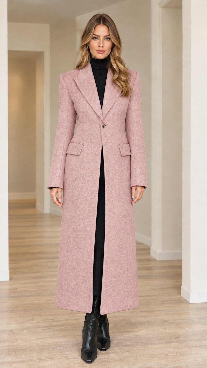 Model wearing dusty pink tailored longline maxi coat over black base layer