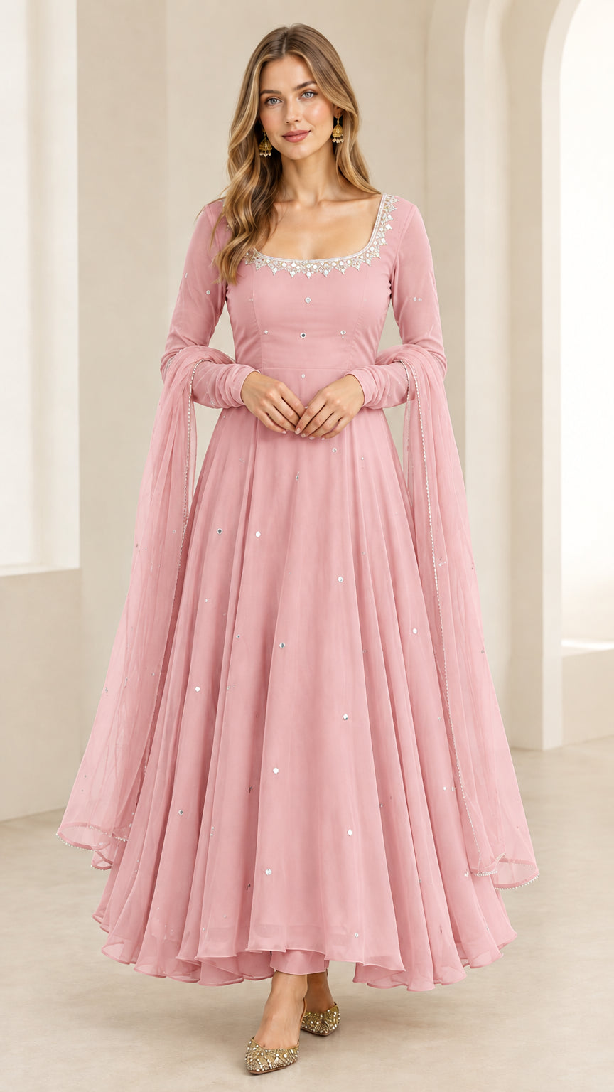 Front view of woman wearing Blush Pink flared Anarkali dress with dupatta