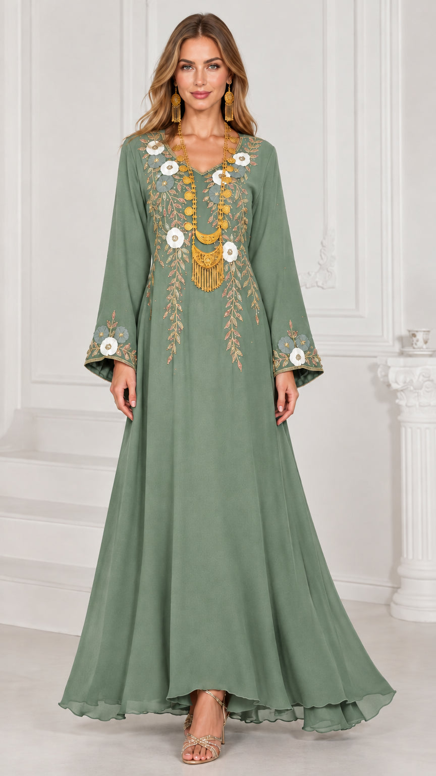 Full-length sage green embroidered kaftan maxi dress with bell sleeves