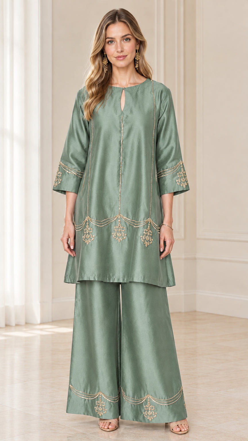 Model wearing sage green embroidered two-piece tunic top and wide-leg pants set